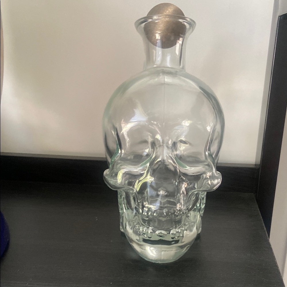 Clear Glass Skull Decanter with Silver Stopper - Decorative Home Accent - Picture 2 of 4